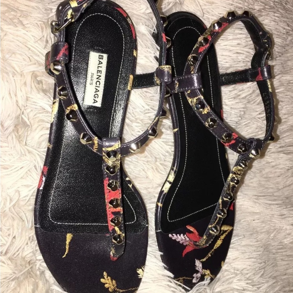 Balenciaga Studded Floral-Print Leather Flat Sandal sz 36.5 C new